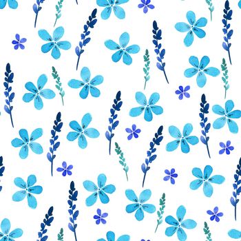 Seamless floral pattern with watercolor blue flowers and leaves in vintage style. Hand made. Ornate for textile, fabric, wallpaper, print. Nature illustration. Painting elements.