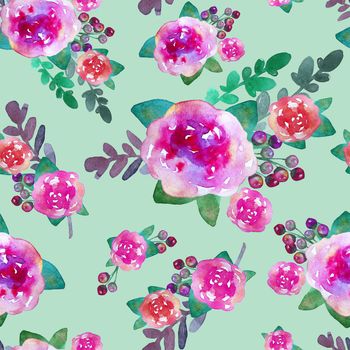 Vintage floral seamless pattern with rose flowers and leaf. Print for textile wallpaper endless. Hand-drawn watercolor elements. Beauty bouquets. Pink, red. green on blue background. Female