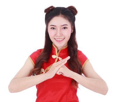 beautiful woman wear red cheongsam with gesture of congratulation in concept of happy chinese new year isolated on white background