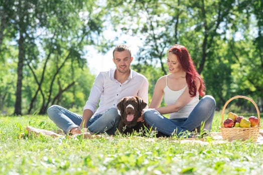 A couple and their dog in the park. Spending time with friends