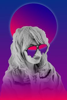 Funky woman in sunglasses. Crazy lady and surreal composition of textures, shapes, gradients. Contemporary art collage. Fashion magazine style for posters, banners, wallpaper. Zine culture. Pop art.