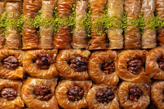 Top view food pattern texture of Turkish dessert baklava