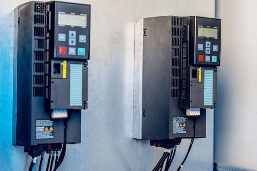 Close up of control panel in industrial production factory building