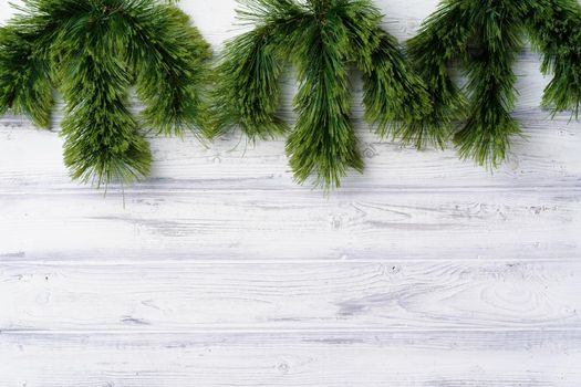 Christmas tree branches on white wooden background with copy space