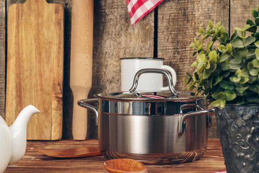Set of cookware utensils on a kitchen counter. High quality photo