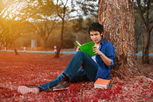 young man sitting and reading a book in the park