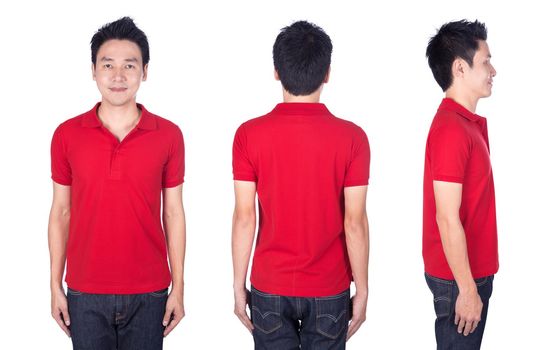 man with red polo shirt on a white background