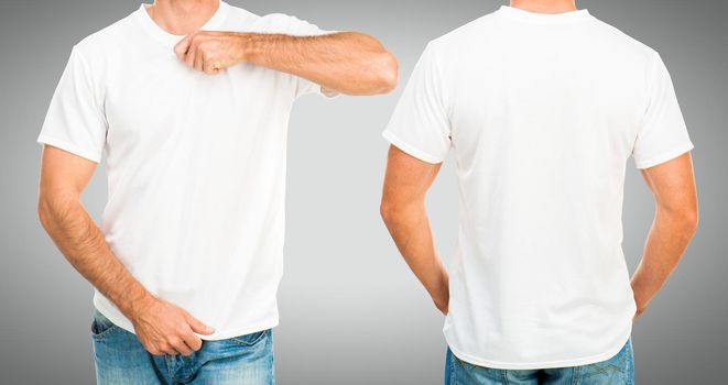 Man in a white T-shirt template on gray background, front and back