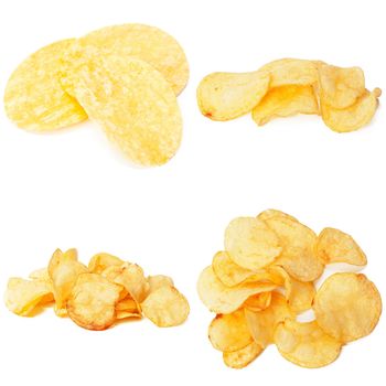 Set of potato chips close-up on an isolated white background