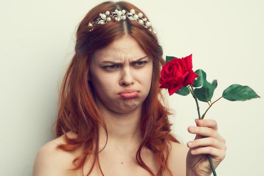 attractive woman with rose flower makeup romance model. High quality photo