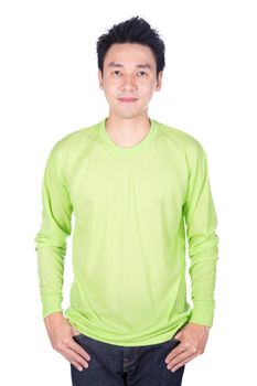 happy man in green long sleeve t-shirt isolated on a white background