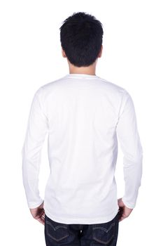 man in white long sleeve t-shirt isolated on a white background (back side)