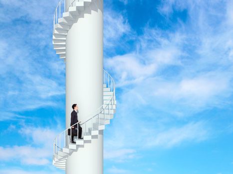 business man going upstairs in a curved staircase to success with blue sky background