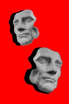 Collage with sculpture of human face in a pop art style. Modern creative concept image with ancient statue head. Zine culture. Contemporary art poster. Retro surreal design. Funky punk minimalism.
