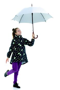 Beautiful little girl with umbrella. Concept of weather, climate change. Isolated on white background