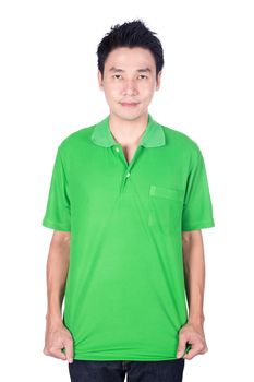 happy man in green polo shirt isolated on white background