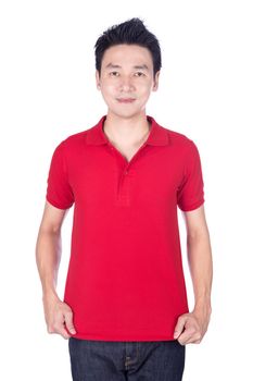 happy man in red polo shirt isolated on white background