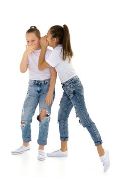 Two girls telling a secret and expressing surprise isolated on white