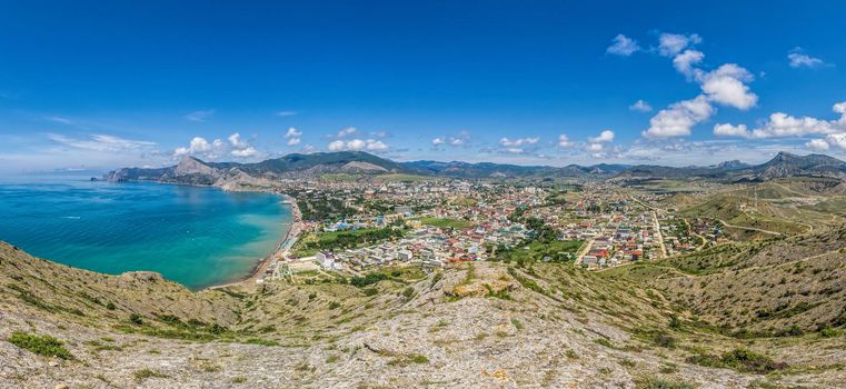 Scenic Panoramic view towards Kapsel valley and cape Meganom, Alchak, near resort city Sudak in Crimea Copy space. The concept of an travel, relax, active and healthy life in harmony with nature