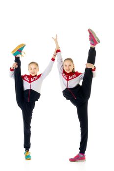 Girls gymnasts perform exercises. The concept of strength, health and sport. Isolated on white background.