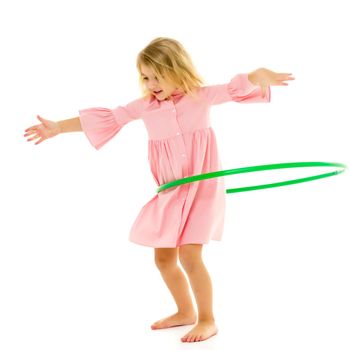 Beautiful Barefoot Girl Standing with Hula Hoop, Smiling Blonde Girl Wearing Pink Cotton Dress Posing at Studio, Full Length Portrait of Lovely Kid Isolated on White Background