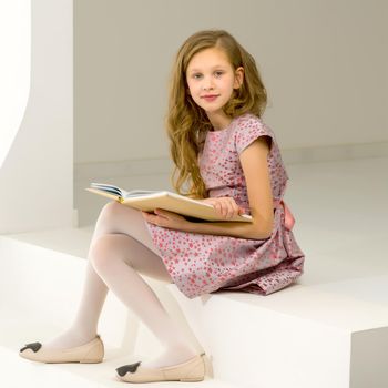 Adorable Blonde Girl Sitting on Step and Smiling at Camera, Lovely Long Haired Girl Wearing Pink Stylish Dress Holding Opened Book, Cute Elementary School Student