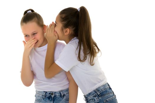 Two girls telling a secret and expressing surprise isolated on white