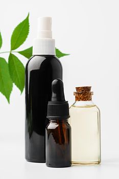 Essential oil in a small bottle with green leaf on white background, close up