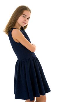 Schoolgirl teenage girl studio portrait close-up. Isolated on white background