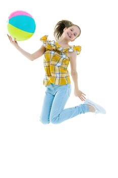 A teenage girl jumps and wags her arms. The concept of a holiday. Isolated on white background