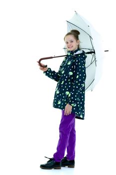 Beautiful little girl with umbrella. Concept of weather, climate change. Isolated on white background