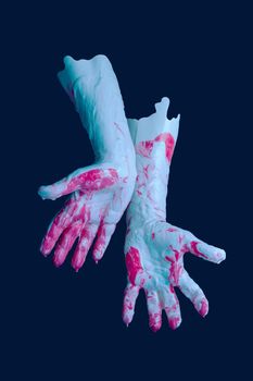 Human palms dipped in color paint. Painted hands. Liquid drips off fingers. Gesture. Contemporary art collage. Abstract surreal pop art style. Modern concept image. Funky minimalism. Zine culture.
