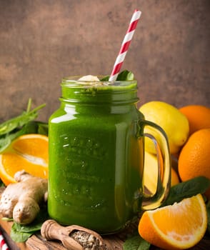 Healthy green smoothie in glass jar and ingredients on old wood. Detox, diet, healthy, vegetarian food concept.