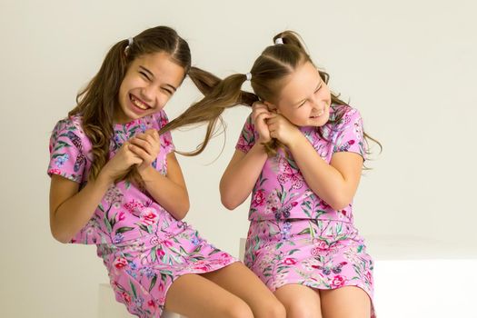 Kind funny girls pull each other for pigtails. The concept of tenderness and beauty.