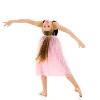 Graceful Girl Gymnast Performing Rhythmic Gymnastics Exercise, Sportive Girl Dancing Wearing Sport Dress, Beautiful Long Haired Teenager Posing in Studio Against White Background