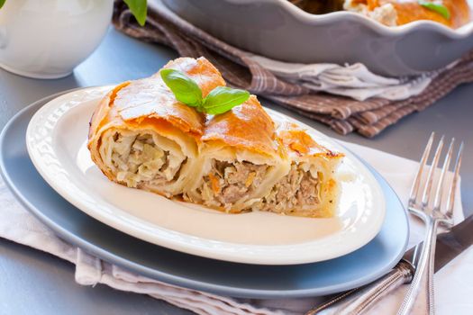 Piece of Meat Vertuta, strudel. Traditional Moldavian and Romanian snail-shaped pie.