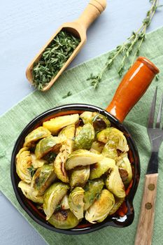 Homemade fried brussel sprouts with garlic and thyme