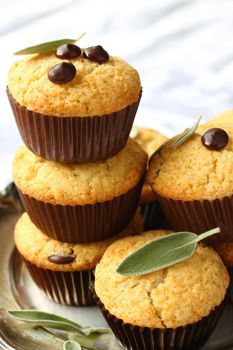 Delicious homemade gluten free muffins with chocolate drops on wooden cutting board