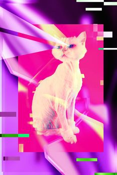 Pink cat. Retro wave synth vaporwave portrait of a funny cat. Contemporary art collage. Concept of memphis style posters. Abstract minimalism with glitch effect.