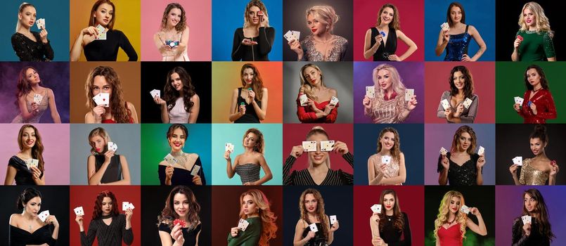 Collage of gorgeous females with professional make-up and hairstyles, in stylish dresses and jewelry. They smiling, showing playing cards and chips, posing on colorful backgrounds. Poker, casino