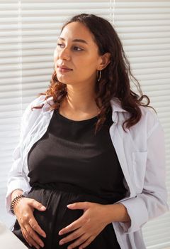 Portrait of hispanic pregnant woman at home. Pregnancy, health and maternity leave