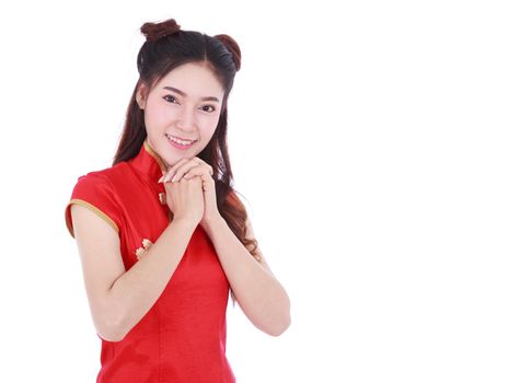 beautiful woman wear red cheongsam in concept of happy chinese new year isolated on white background