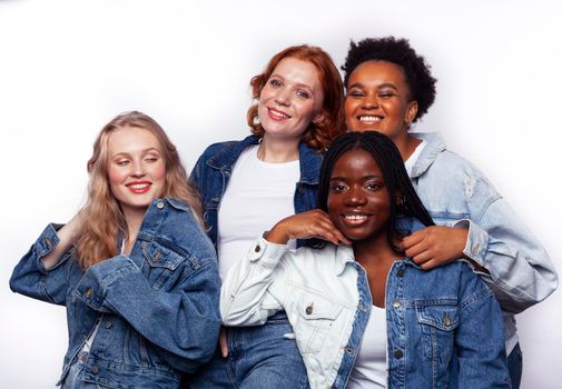 diverse multi nation girls group, teenage friends company cheerful having fun, happy smiling, cute posing isolated on white background, lifestyle people concept, african-american and caucasian close up