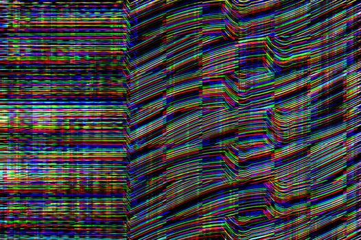 Glitch psychedelic background. Old TV screen error. Digital pixel noise abstract design. Broken pixels glitch. Television signal fail. Technical problem grunge wallpaper. Colorful noise rerto