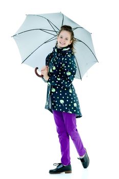 Beautiful little girl with umbrella. Concept of weather, climate change. Isolated on white background