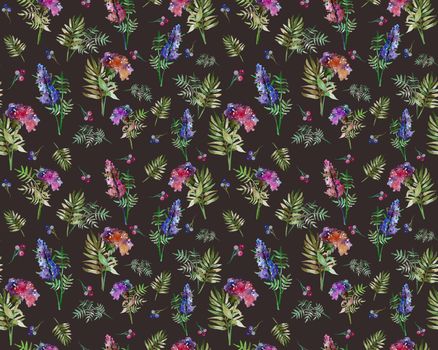 Vintage floral seamless pattern with forest flowers and leaf. Print for textile wallpaper endless. Hand-drawn watercolor elements. Beauty bouquets. Pink, red. green on dark background. Female