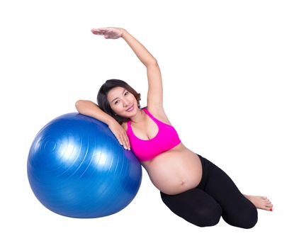 Pregnant woman with fitness ball isolated on white background