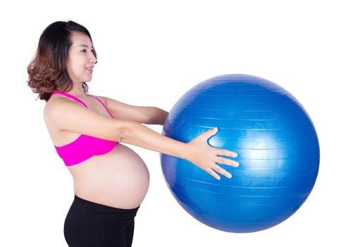 Pregnant woman with fitness ball isolated on white background