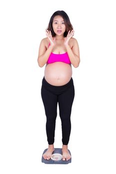 pregnant woman shocked on scale isolated on white background