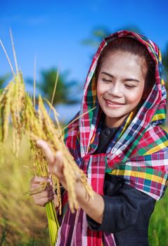 farmer woman holding rice in field, Thailand